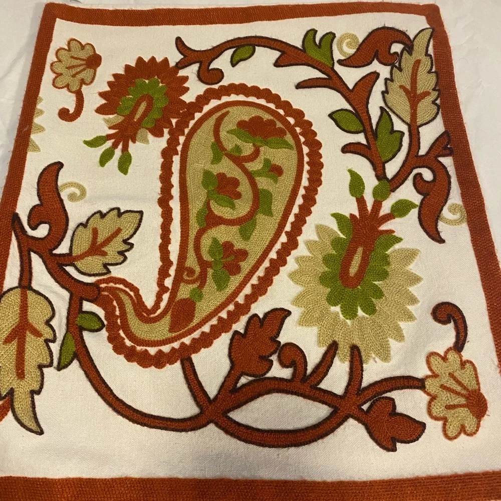 Newport Orange, Tan, Green, Knit Fabric Paisley Pillow Cushions Set of 2
